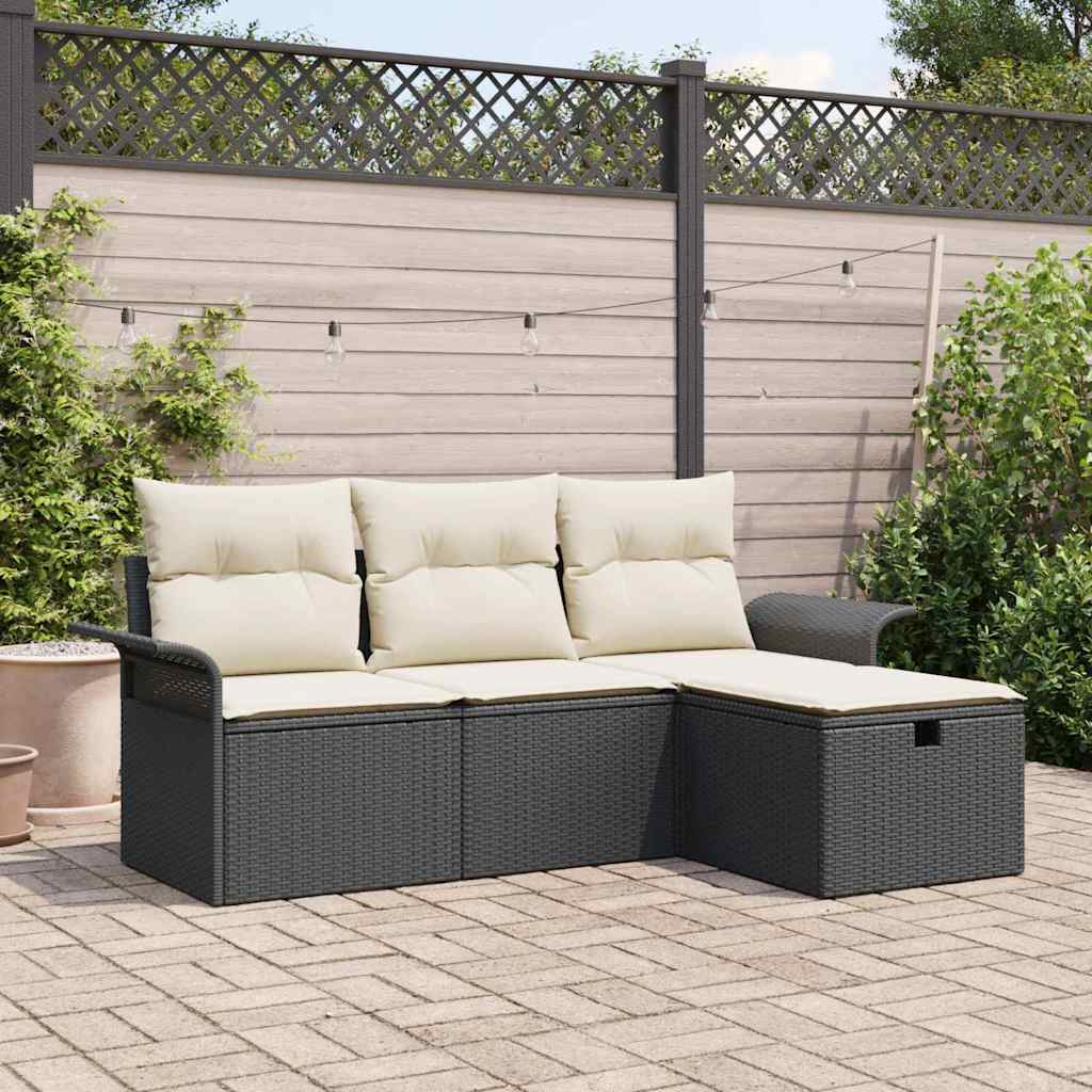 Garten-Sofa-Set mit Kissen 4 pcs Schwarz Poly Rattan